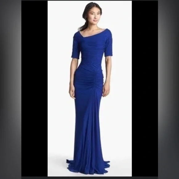 TADASHI SHOJI Asymmetrical Ruched Mesh Evening Formal Gown in Lake Blue - Picture 8 of 8